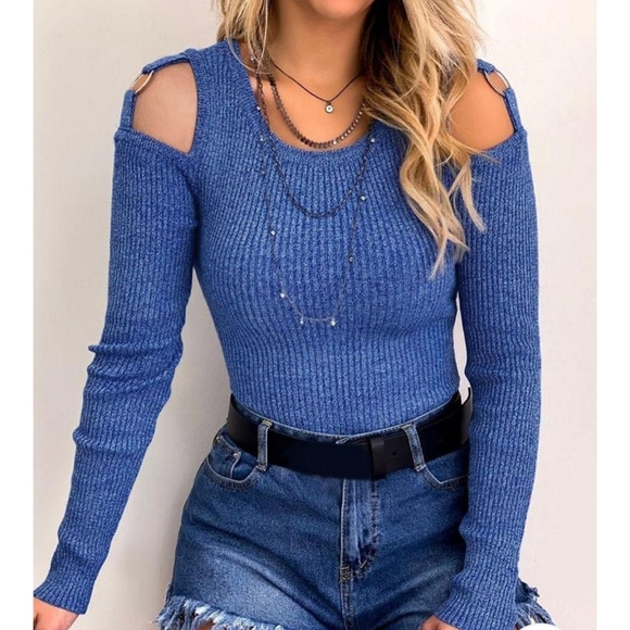 Sweaters - 💕(LAST ONE) Blue Ribbed Cold Shoulder Sweater